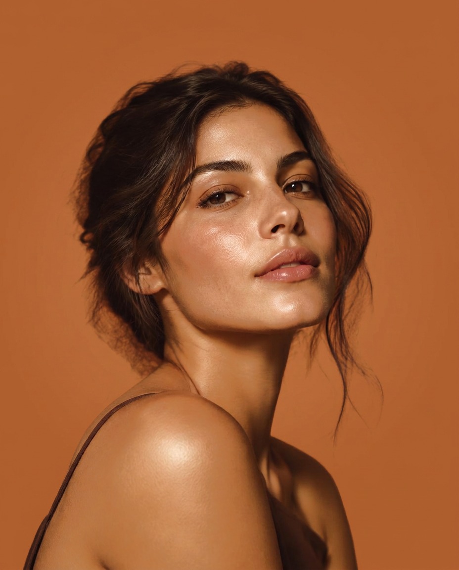 Retrato editorial de uma mulher com pele natural, em fundo terracota